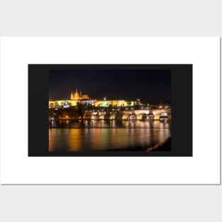 Prague and The Charles bridge and Castle at night Posters and Art